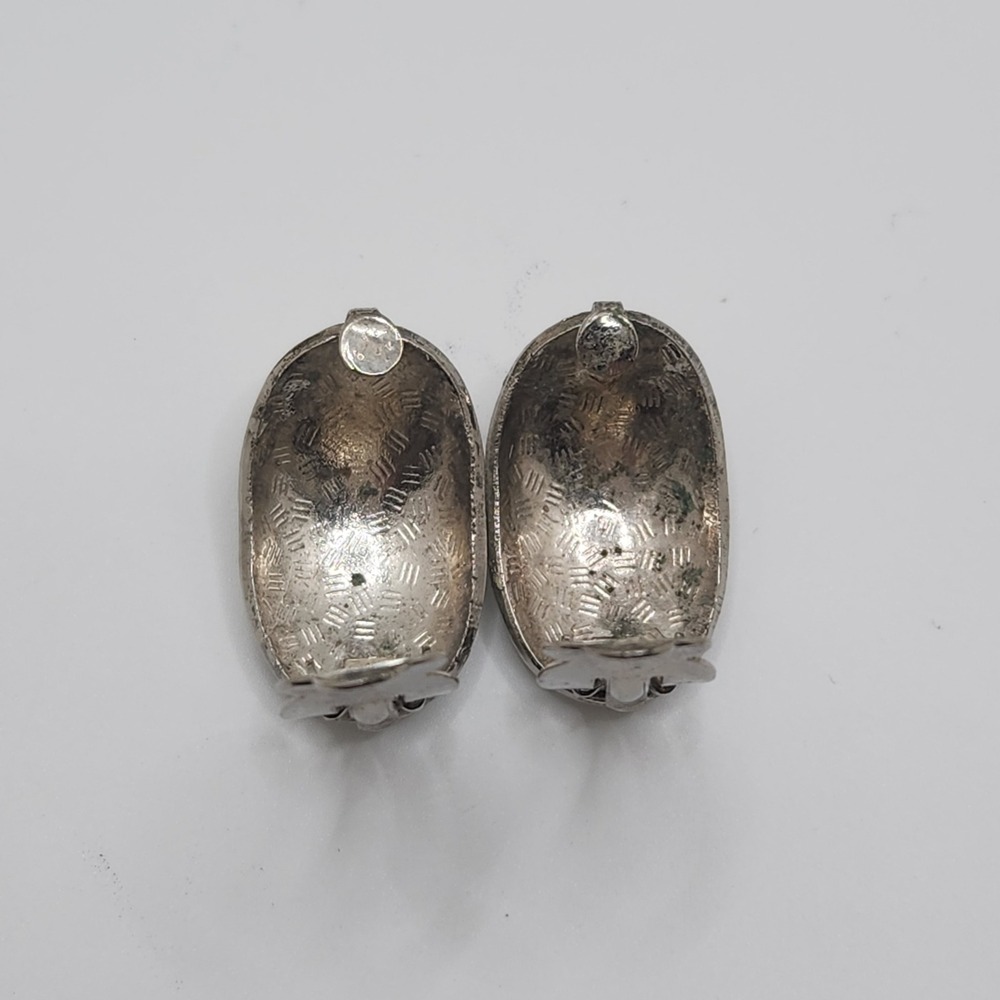 Vintage Cloisonne Butterfly Floral Clip On Earrings White Enamel Oval Blue - Picture 5 of 9